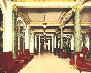 Vintage postcard of a grand hotel lobby